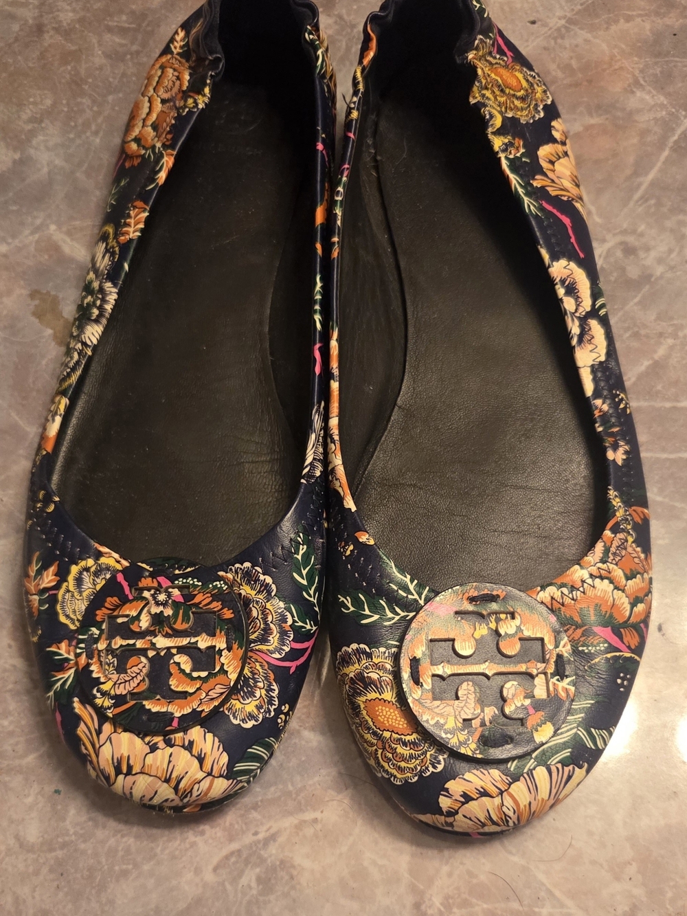Tory Burch Navy Floral Logo Ballet Flats